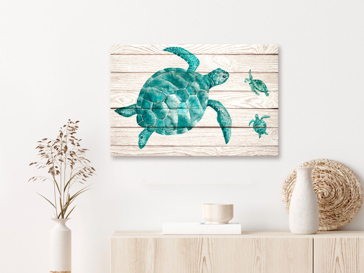 Canvas Turtles (1-piece) - emerald sea animals on a wooden background 145167 additionalImage 3