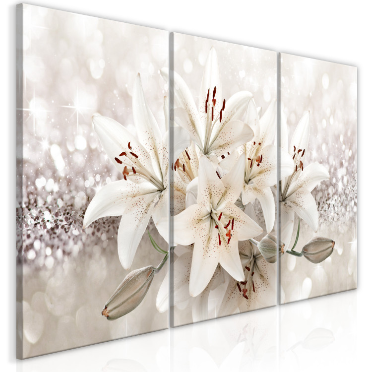 Canvas Lilies (3-piece) - light-white flowers on a beige glossy background 145267 additionalImage 2