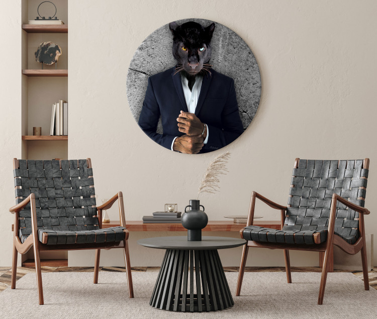 Round Canvas Black Panther - Beautiful Cat in a Black Suit on a Gray Background 148767 additionalImage 4