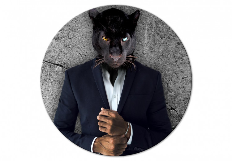 Round Canvas Black Panther - Beautiful Cat in a Black Suit on a Gray Background 148767