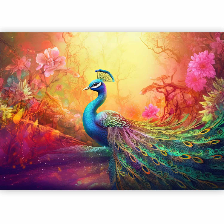 Photo Wallpaper Rainbow Bird - An Illustrated Peacock on a Background of Multicolored Flowers 150667 additionalImage 1