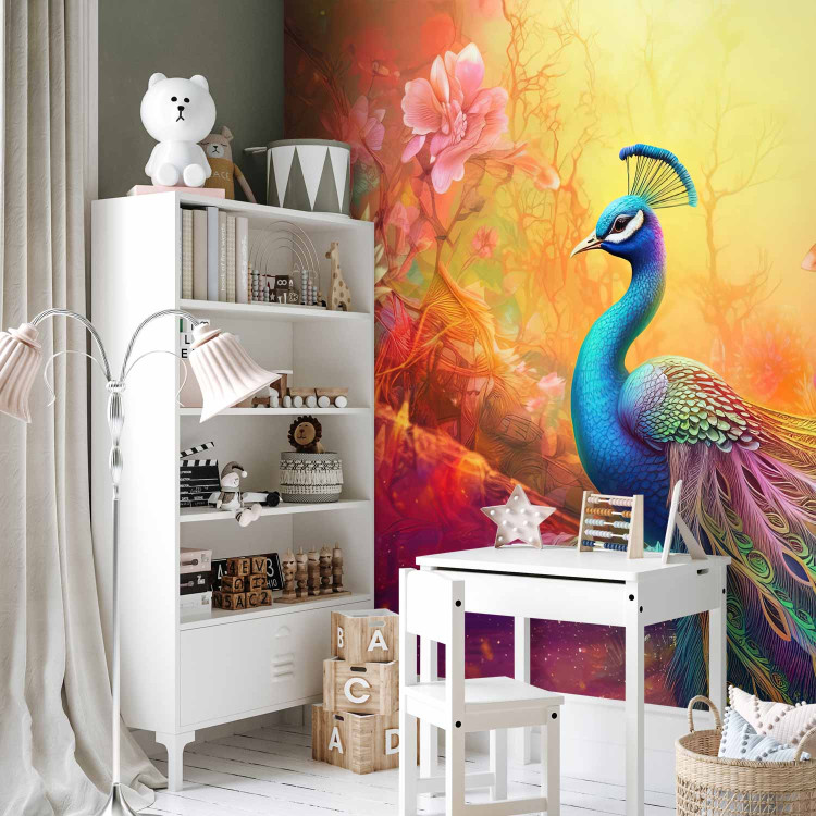 Photo Wallpaper Rainbow Bird - An Illustrated Peacock on a Background of Multicolored Flowers 150667 additionalImage 2