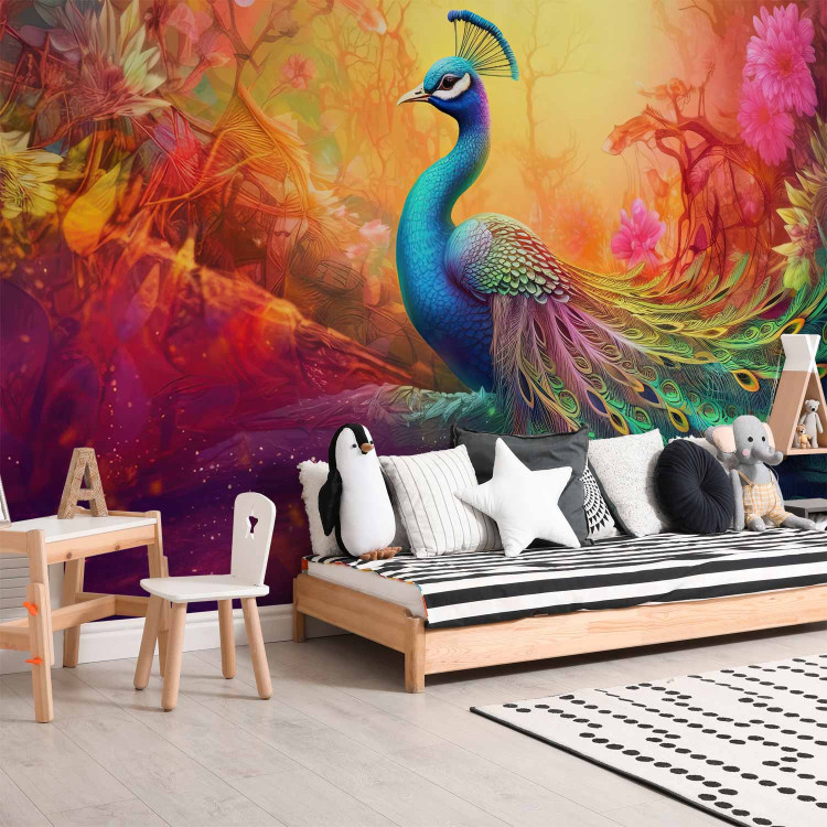 Photo Wallpaper Rainbow Bird - An Illustrated Peacock on a Background of Multicolored Flowers 150667 additionalImage 8