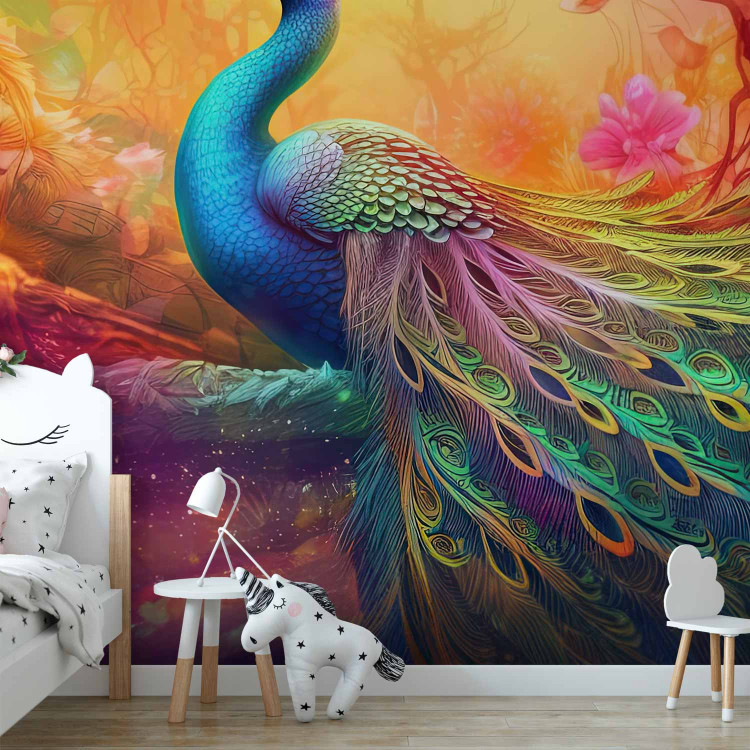 Photo Wallpaper Rainbow Bird - An Illustrated Peacock on a Background of Multicolored Flowers 150667 additionalImage 6