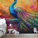 Photo Wallpaper Rainbow Bird - An Illustrated Peacock on a Background of Multicolored Flowers 150667 additionalThumb 6