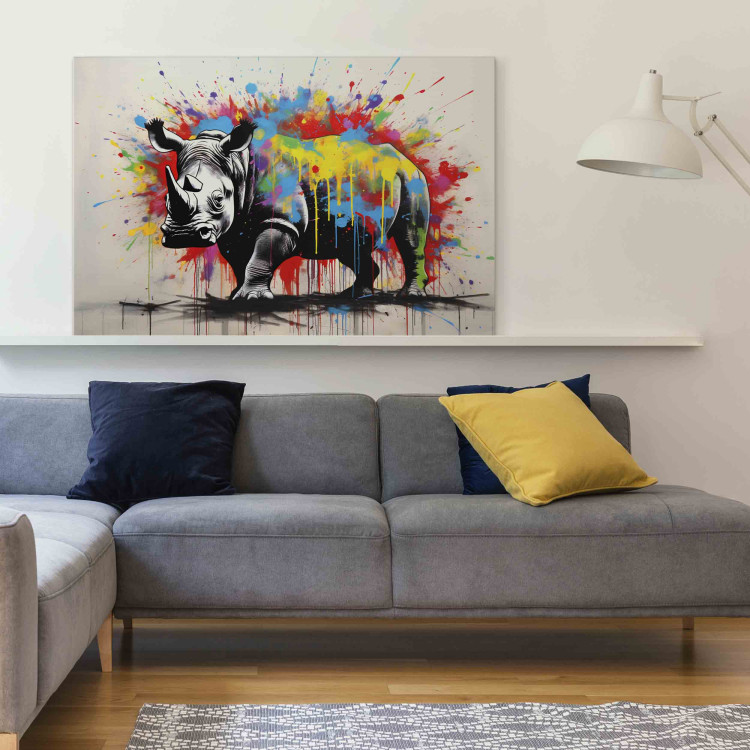 Canvas Art Print Colorful Rhino - A Mural With an Animal Inspired by Banksy’s Style 151767 additionalImage 3