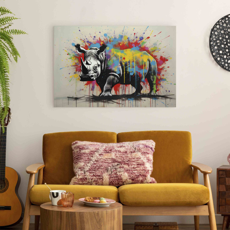 Canvas Art Print Colorful Rhino - A Mural With an Animal Inspired by Banksy’s Style 151767 additionalImage 11