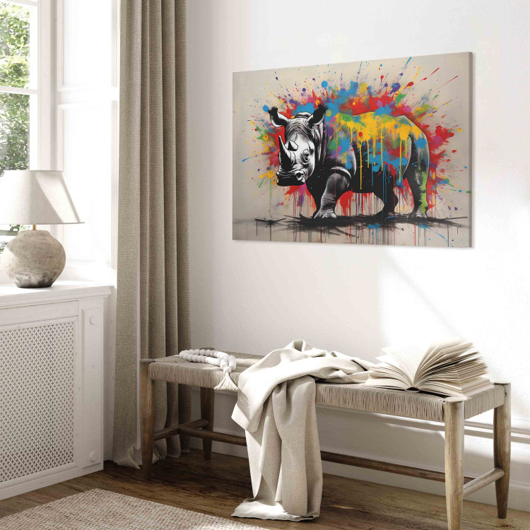 Canvas Art Print Colorful Rhino - A Mural With an Animal Inspired by Banksy’s Style 151767 additionalImage 4