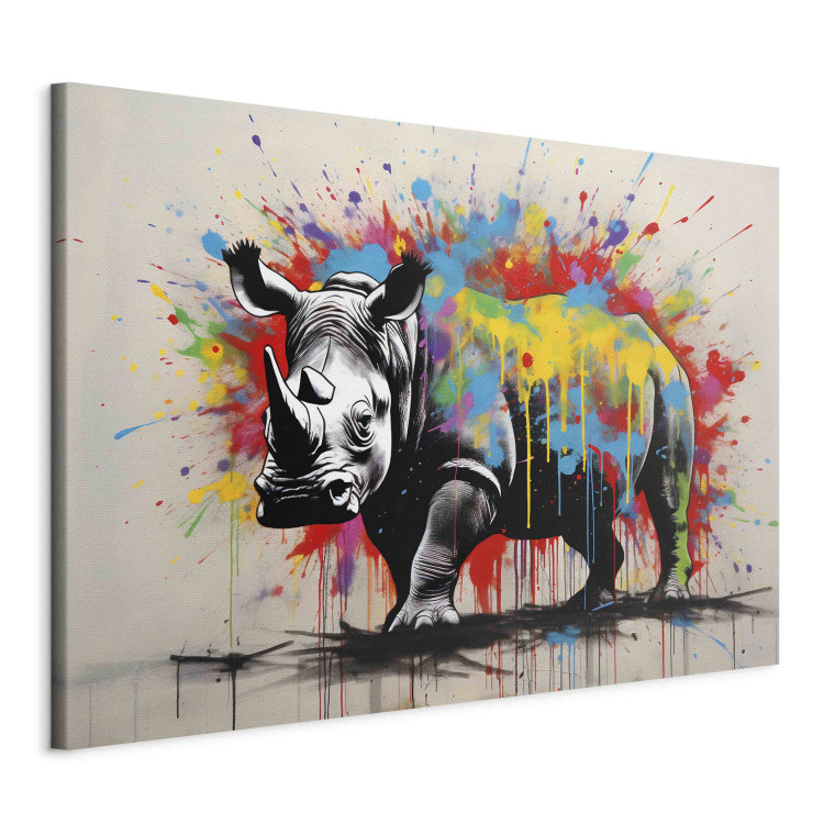 Canvas Art Print Colorful Rhino - A Mural With an Animal Inspired by Banksy’s Style 151767 additionalImage 2