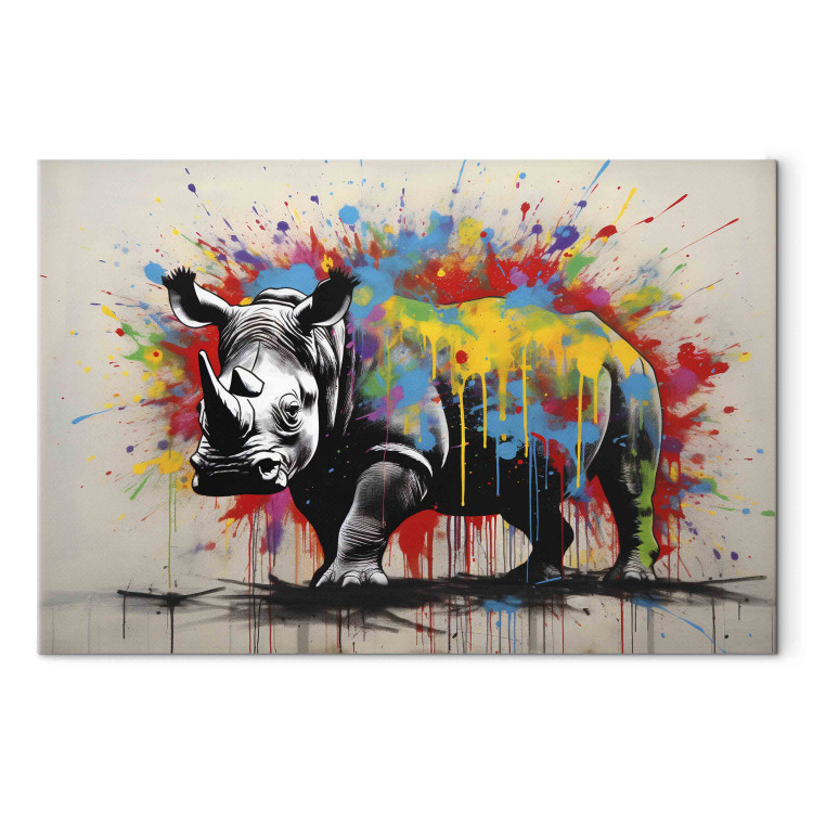 Canvas Art Print Colorful Rhino - A Mural With an Animal Inspired by Banksy’s Style 151767 additionalImage 7