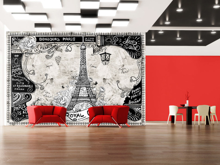 Photo Wallpaper Bonjour Paris - Black and White Collage with Eiffel Tower in French Style 59867