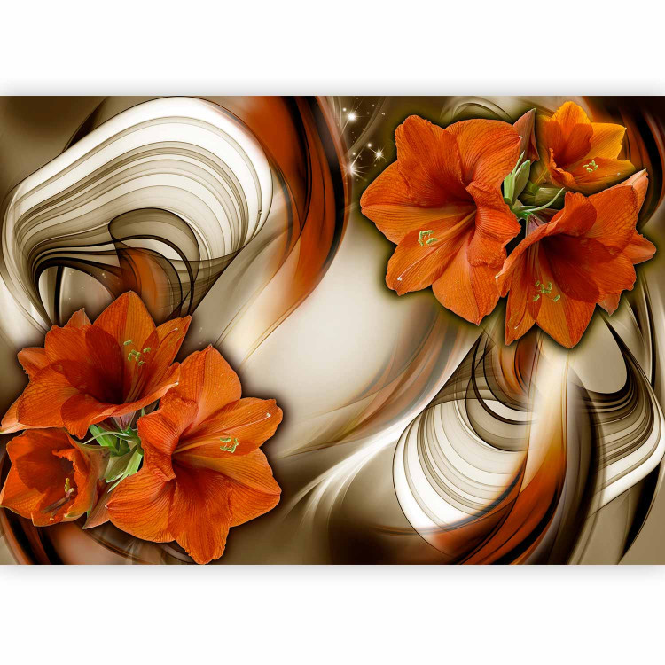 Wall Mural Orange Amaryllis - Flowers on Cool Background with Wavy Patterns 64767 additionalImage 1