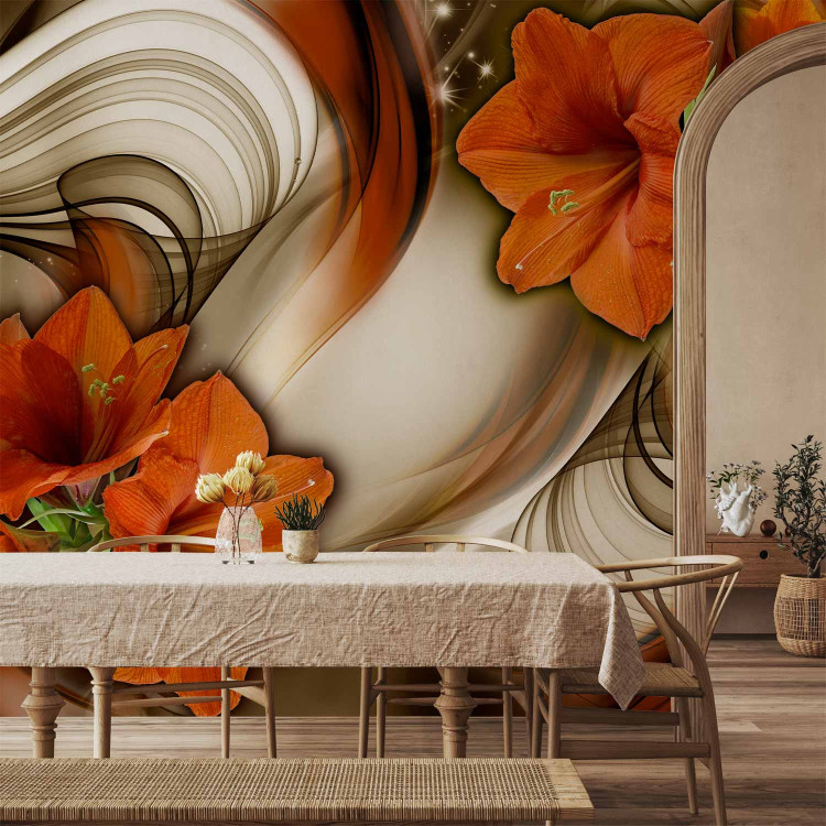 Wall Mural Orange Amaryllis - Flowers on Cool Background with Wavy Patterns 64767 additionalImage 4