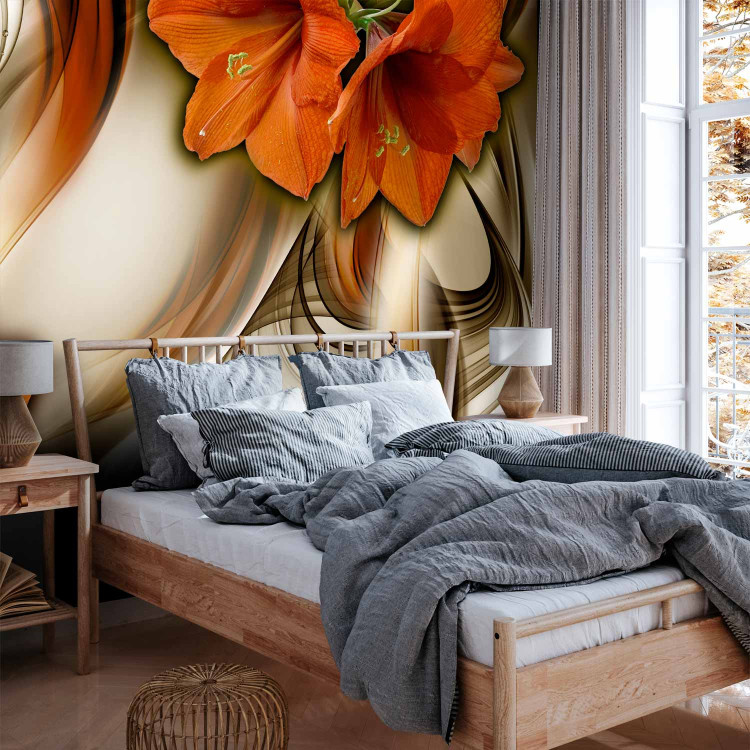 Wall Mural Orange Amaryllis - Flowers on Cool Background with Wavy Patterns 64767 additionalImage 2