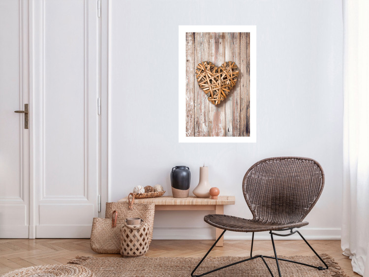 Wall Poster Warm Heart - brown heart with a bouquet on a wooden texture 125277 additionalImage 2