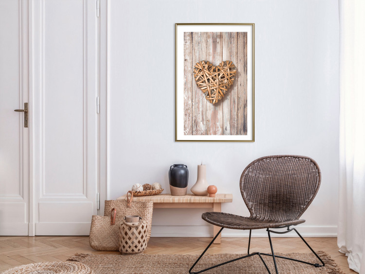 Wall Poster Warm Heart - brown heart with a bouquet on a wooden texture 125277 additionalImage 13