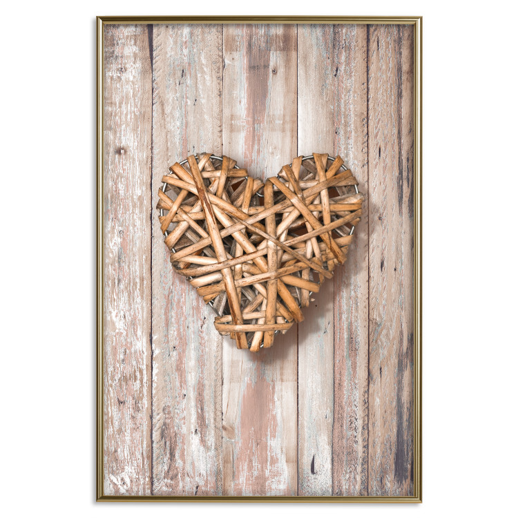 Wall Poster Warm Heart - brown heart with a bouquet on a wooden texture 125277 additionalImage 16