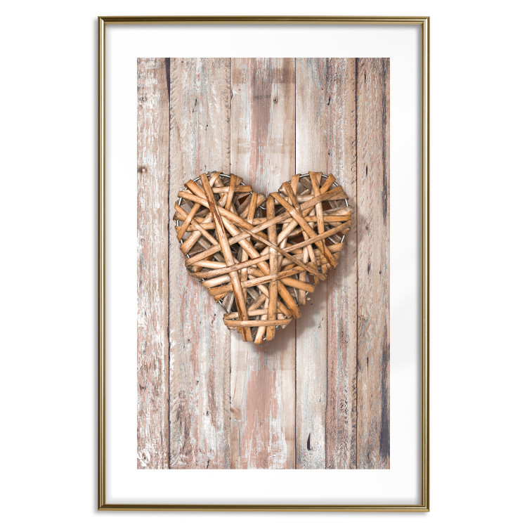 Wall Poster Warm Heart - brown heart with a bouquet on a wooden texture 125277 additionalImage 14