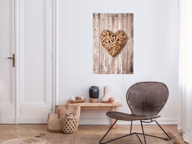 Wall Poster Warm Heart - brown heart with a bouquet on a wooden texture 125277 additionalImage 17