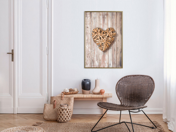Wall Poster Warm Heart - brown heart with a bouquet on a wooden texture 125277 additionalImage 5