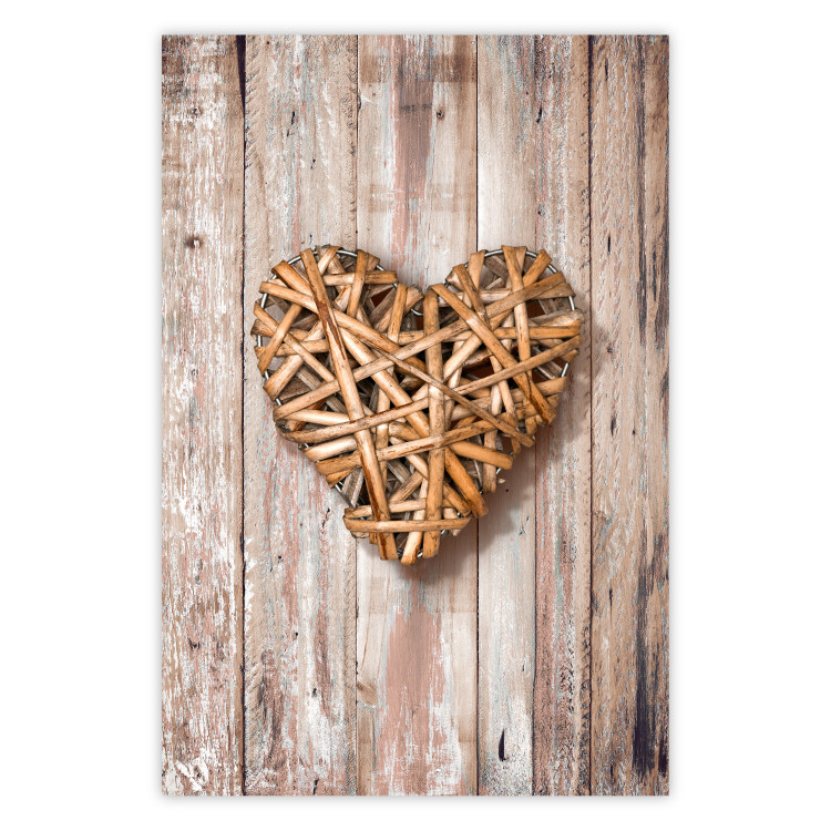 Wall Poster Warm Heart - brown heart with a bouquet on a wooden texture 125277
