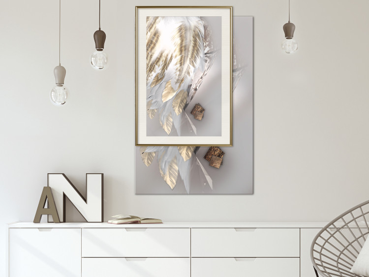 Wall Poster Fallen Angel - abstract composition of white feathers with golden accent 127877 additionalImage 24