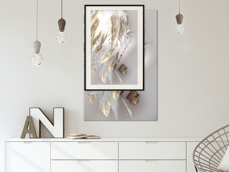 Wall Poster Fallen Angel - abstract composition of white feathers with golden accent 127877 additionalImage 25