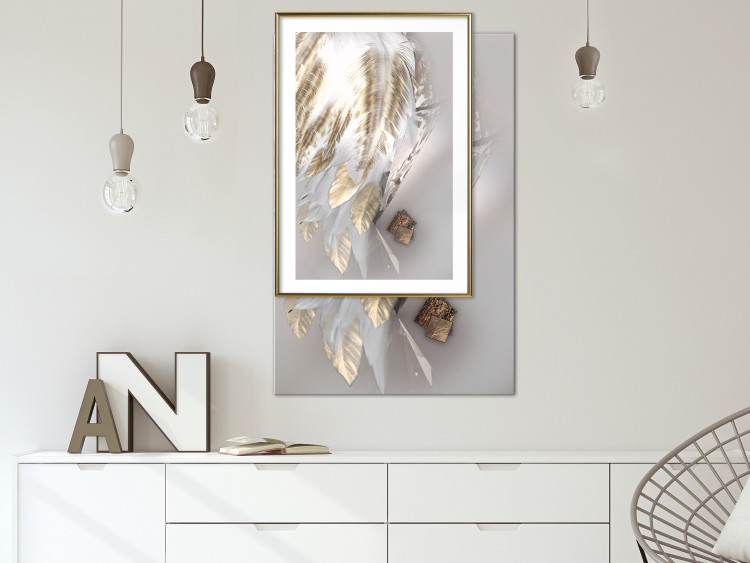 Wall Poster Fallen Angel - abstract composition of white feathers with golden accent 127877 additionalImage 19