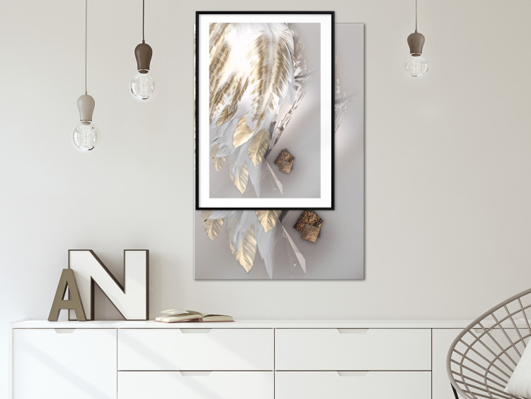 Wall Poster Fallen Angel - abstract composition of white feathers with golden accent 127877 additionalImage 22