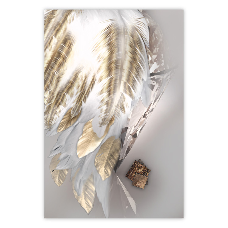 Wall Poster Fallen Angel - abstract composition of white feathers with golden accent 127877