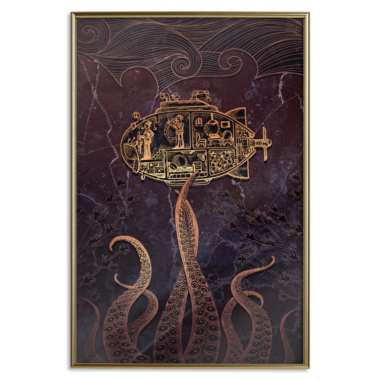 Wall Poster Golden Submarine - maritime abstraction with the ocean and an octopus 129377 additionalImage 17