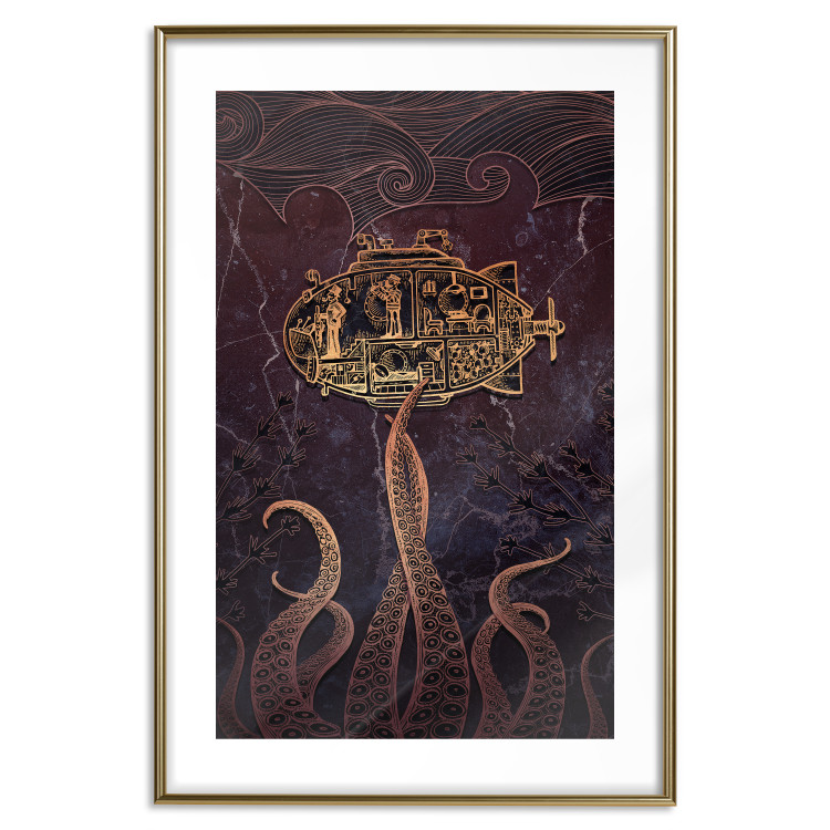 Wall Poster Golden Submarine - maritime abstraction with the ocean and an octopus 129377 additionalImage 14