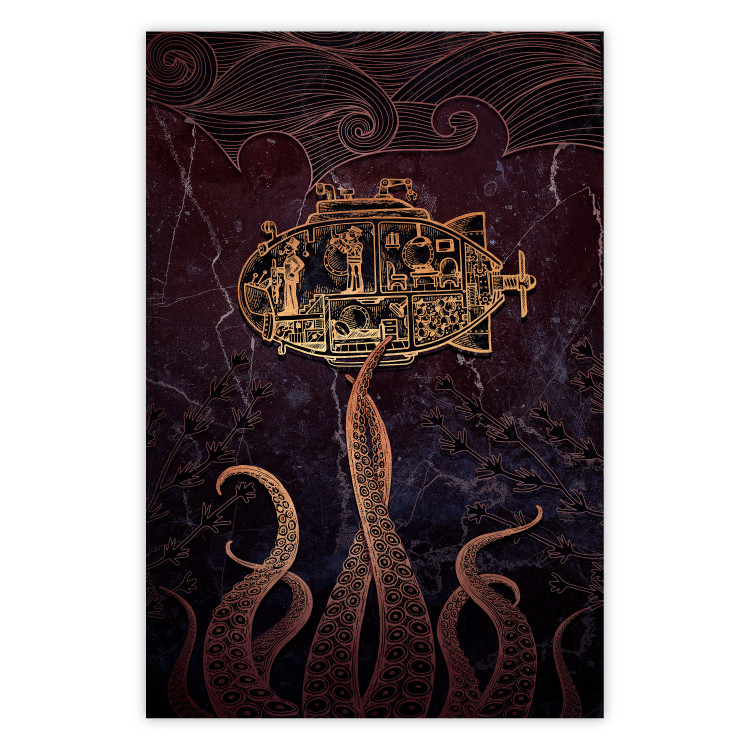 Wall Poster Golden Submarine - maritime abstraction with the ocean and an octopus 129377