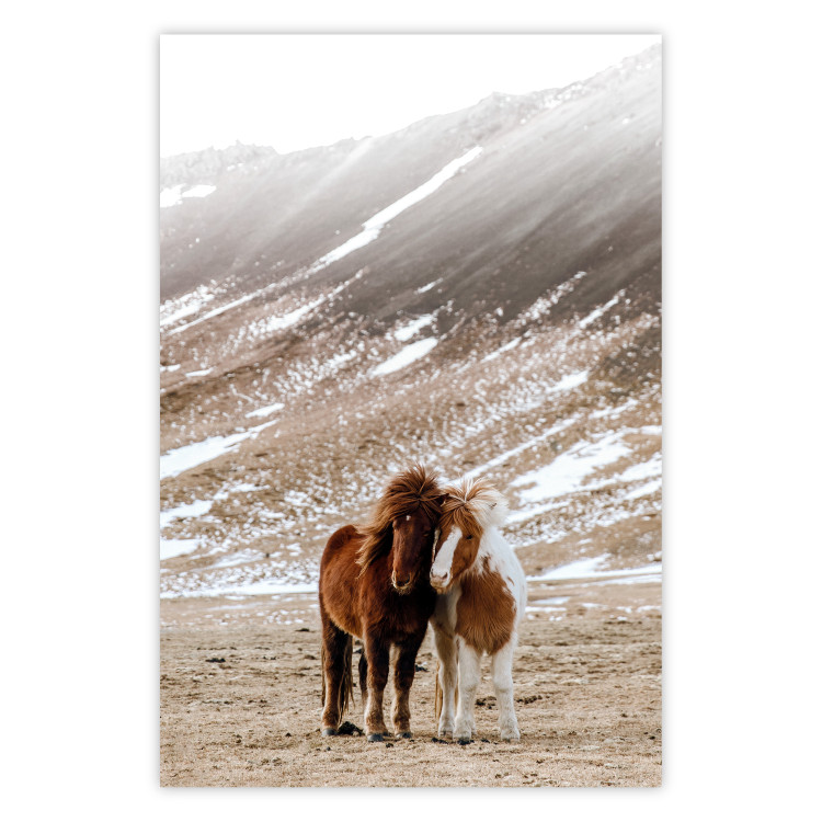Wall Poster Warm Friendship - autumn landscape of a pair of animals against a mountain backdrop 130377