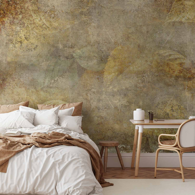 Photo Wallpaper Vintage composition - landscape of golden leaves on a background with concrete texture 135477