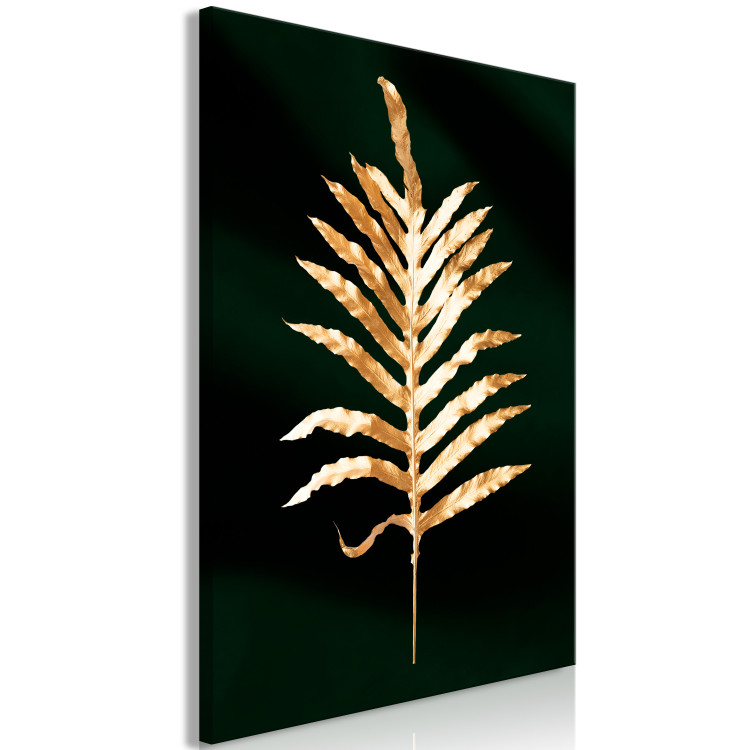 Canvas Art Print Golden palm leaf - Botanical theme on a background of green 135577 additionalImage 2