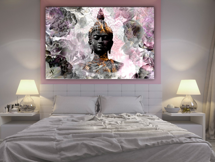 Canvas Print Gilded Buddha (1-piece) - oriental statue and Zen-style flowers 143877 additionalImage 3