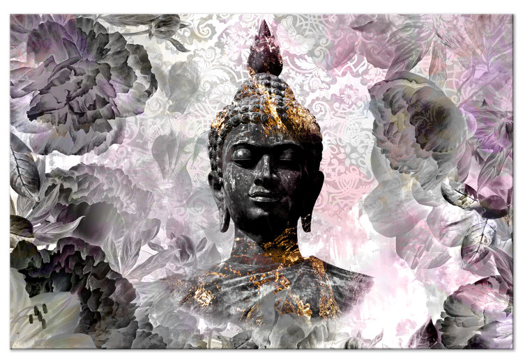Canvas Print Gilded Buddha (1-piece) - oriental statue and Zen-style flowers 143877