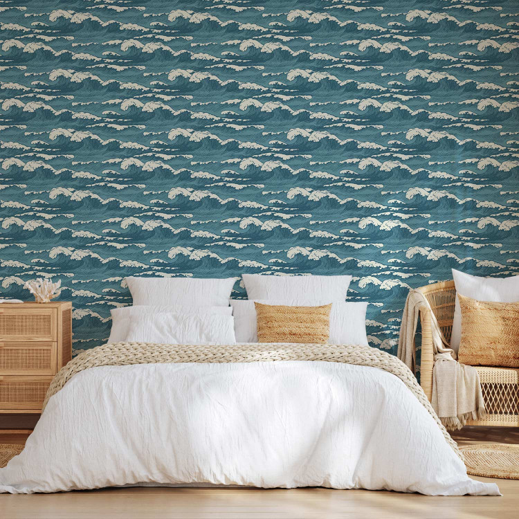Wallpaper Turquoise Ocean in a Storm - Hand Drawn Waves in Retro Style 149877 additionalImage 4