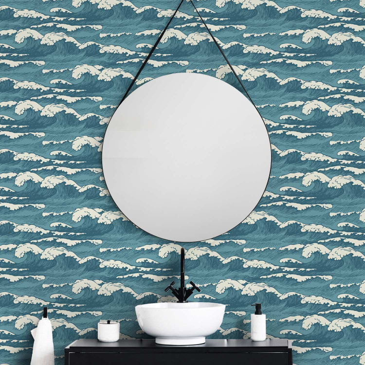 Wallpaper Turquoise Ocean in a Storm - Hand Drawn Waves in Retro Style 149877 additionalImage 10