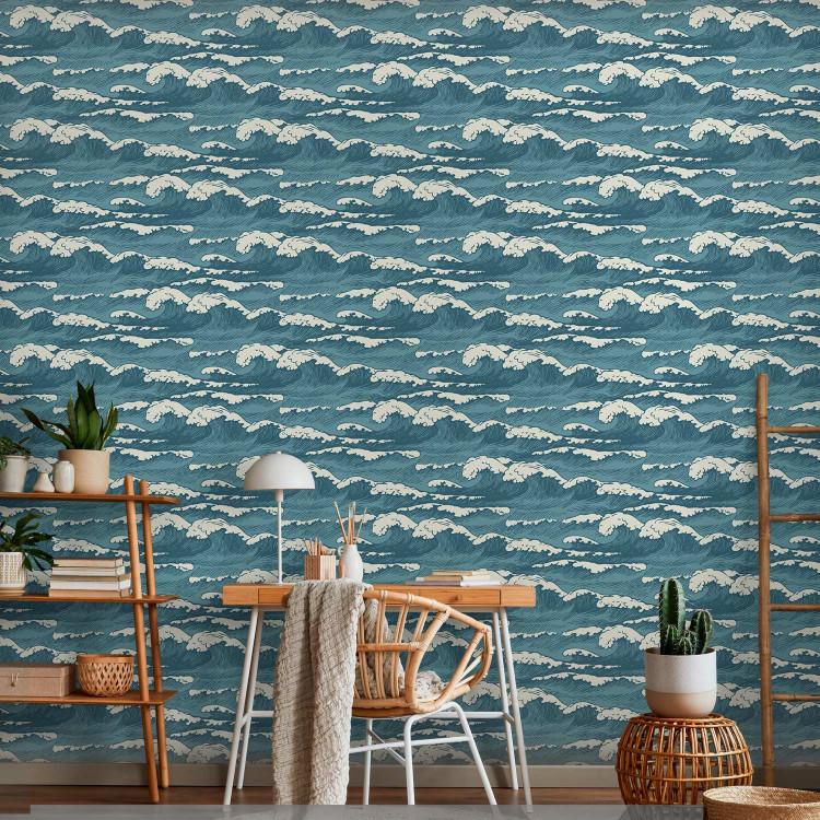 Wallpaper Turquoise Ocean in a Storm - Hand Drawn Waves in Retro Style 149877 additionalImage 5