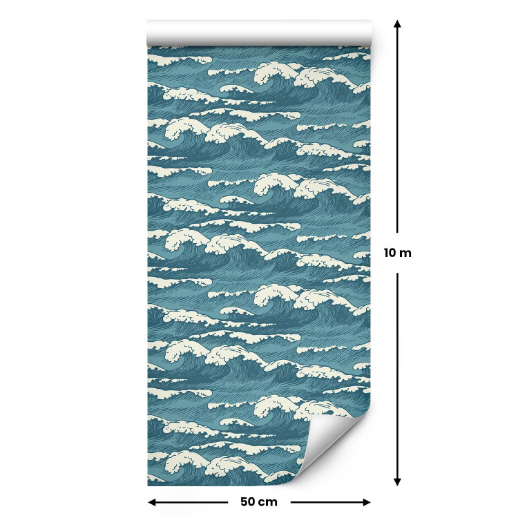 Wallpaper Turquoise Ocean in a Storm - Hand Drawn Waves in Retro Style 149877 additionalImage 2