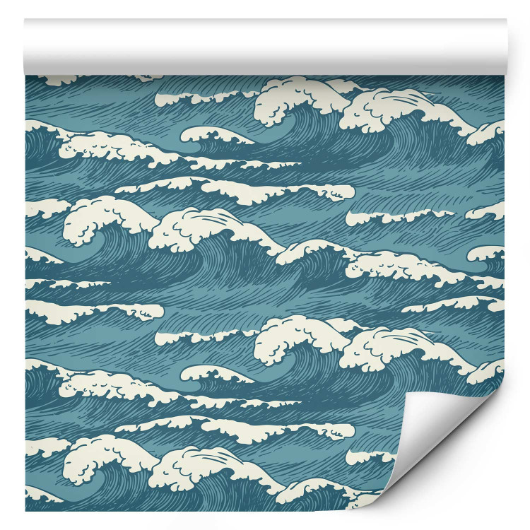 Wallpaper Turquoise Ocean in a Storm - Hand Drawn Waves in Retro Style 149877 additionalImage 6