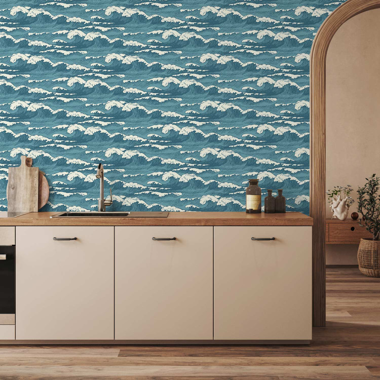 Wallpaper Turquoise Ocean in a Storm - Hand Drawn Waves in Retro Style 149877 additionalImage 8