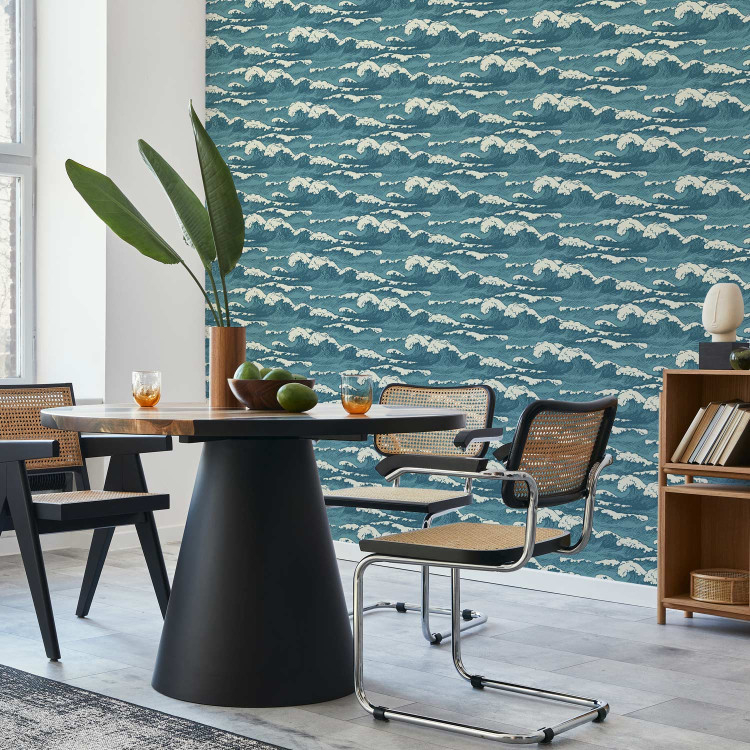 Wallpaper Turquoise Ocean in a Storm - Hand Drawn Waves in Retro Style 149877 additionalImage 9