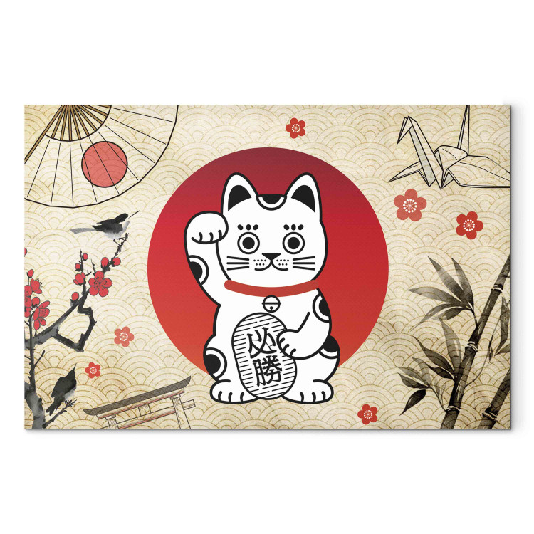 Canvas Art Print Maneki-Neko - Asian Cat With a Nodding Paw Against a Background of Japanese Symbols 151277