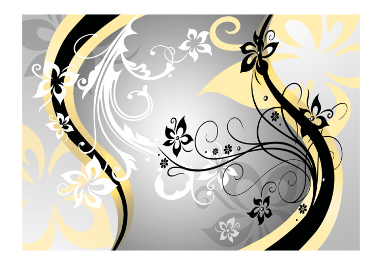 Photo Wallpaper Floral abstraction - yellow and black ornaments motif on grey background 97177 additionalImage 1