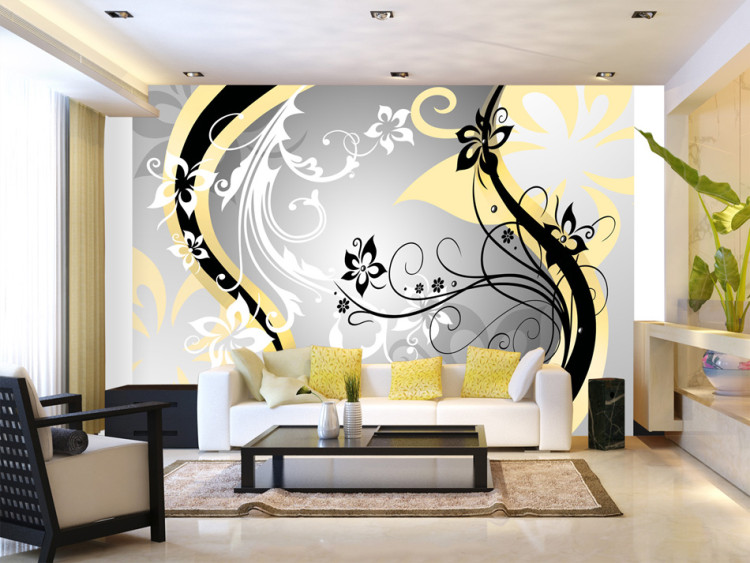 Photo Wallpaper Floral abstraction - yellow and black ornaments motif on grey background 97177