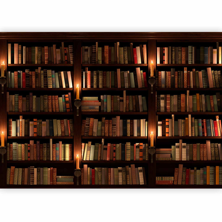 Photo Wallpaper Wooden shelves - retro-style bookcase with books and fire 106587 additionalImage 1