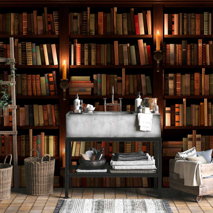 Photo Wallpaper Wooden shelves - retro-style bookcase with books and fire 106587 additionalImage 8